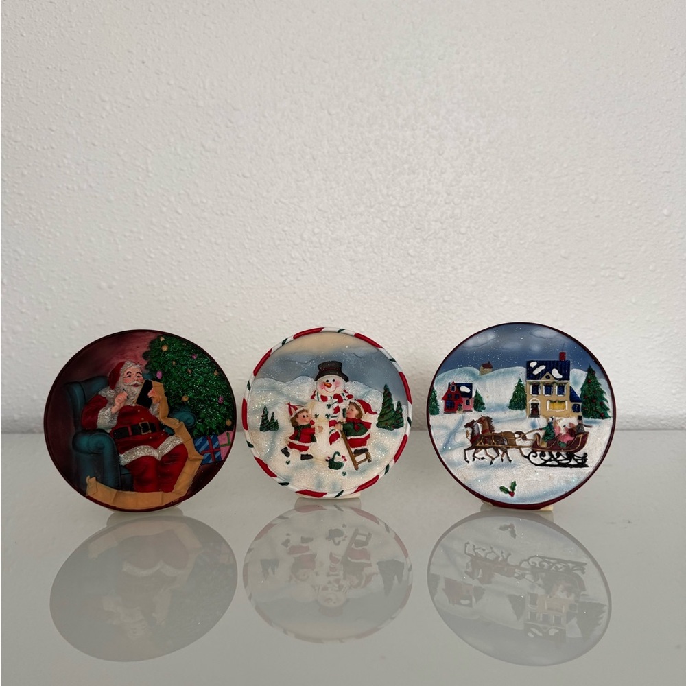 Set of 3 - Holiday/Christmas Plaque Dish Round Ceramic - Santa and Winter Scenes
